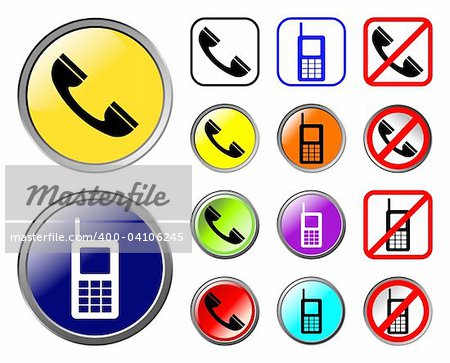Collection of colourful phone icons, web elements, vector illustration. All elements are on separate layers for easy editing and color change. File contains eps 8 and hi res jpeg.