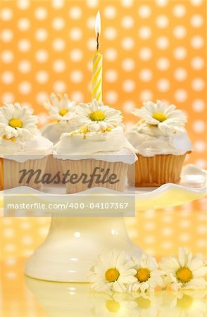 Cupcakes decorated with icing and little daisies on cake tray