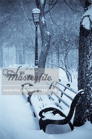 snow covered benches in the winter park