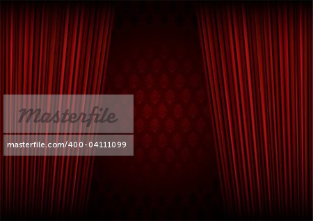 Red curtains being withdrawn reveling victorian styled red wallpaper.