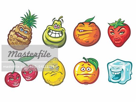 A cartoon funny fruits  in a variety of moods: a cherry, a pineapple, a lemon, an apple, an orange, a strawberry