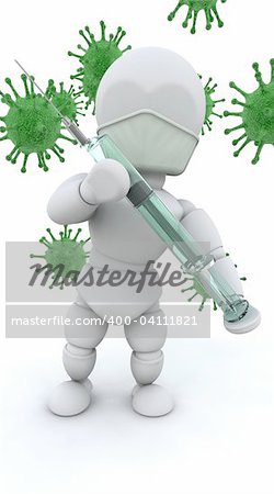3d render of a man with a syringe surrounded by bacteria