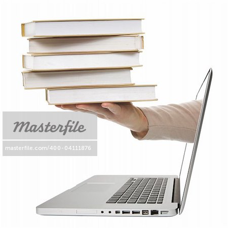 A picture showing noegenesis from the computer. Isolated on white & clipping path (stack book and hand, screen, laptop).