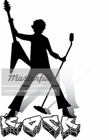 Silhouette of musician with guitar and microphone. Rock concert.