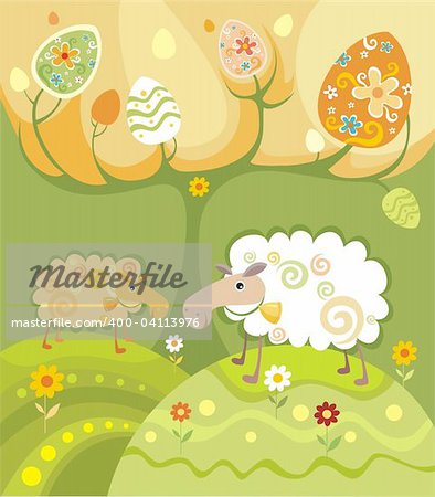 easter illustration with a two funny decorative sheeps