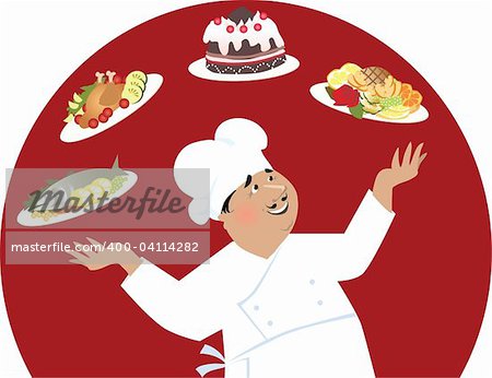 Vector cartoon of a happy chef displaying meals