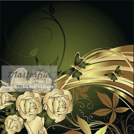 Gold rose on a gold background with a green wave and the butterfly