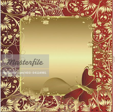 The gold stylised ornament with space for the text and the flying butterfly
