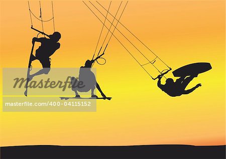 Selection of kite boarding Ariel jump silhouettes, individually grouped and fully editable illustrations with sunset background.