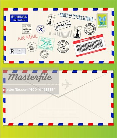 Air mail envelope with postal stamps, stickers and postmarks