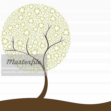 conceptual illustration of a tree with recycling symbol leaves. Graphics are grouped and in several layers for easy editing. The file can be scaled to any size.