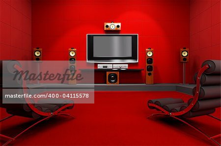 A contemporary home theater room. Furnished with modern furniture and electronics. Digitally created and high resolution rendered.