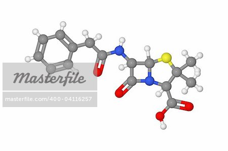Ball and stick model of penicillin molecule isolated on white background