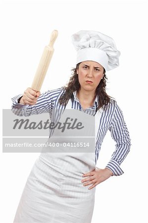 Angered cook woman holding a wooden rolling