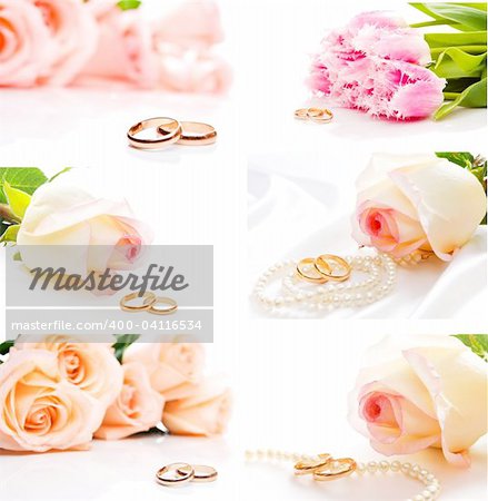 Flowers and wedding rings, shot closeup