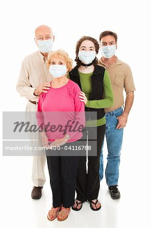 Family worried about a health epidemic.  Full body isolated on white.