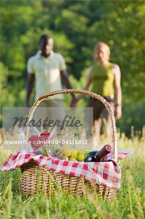 portrait of young multiethnic couple holding hands and picnicking in park