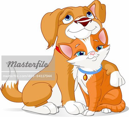 Great illustration of a Cute Dog hugging a Cat