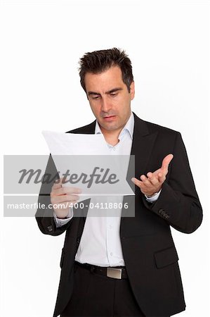 Businessman reads a document with query