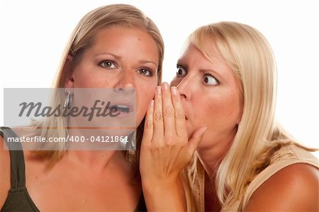 Two Blonde Woman Whispering Secrets Isolated on a White Background.