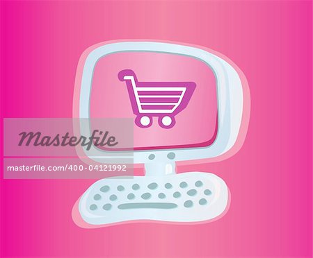 Stylish computer with shopping cart. Vector Illustration.