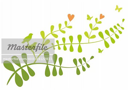 Floral branch with heart flowers and birds, vector background