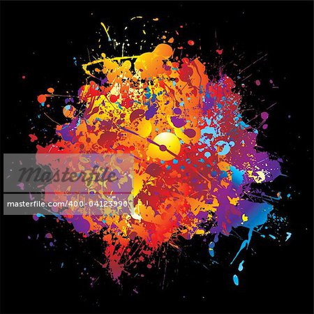 Bright colorful abstract rainbow paint background with ink splats