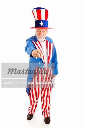 Full body isolated view of American icon Uncle Sam in the classic I Want You pose.