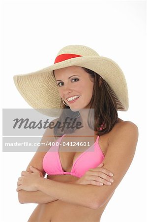 Un COSMETIQUE de femme de race blanche très sexy bikini rose et un chapeau