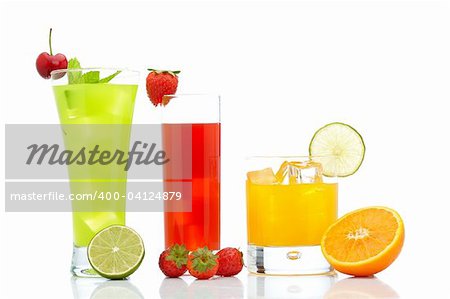 A glass of fresh strawberry, orange and kiwi juice reflected on white background