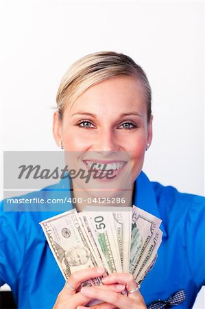 Young attractive Business woman withmoney to the camera