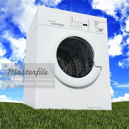 fine 3d machine à laver avec un ciel nuageux bleu et l'herbe verte