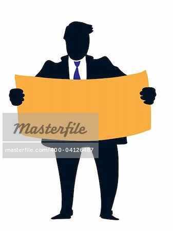 Businessman holding a big empty orange poster.
