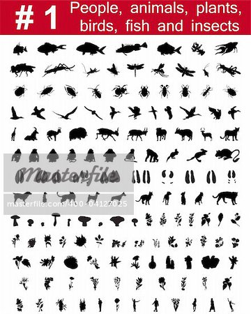 1. # Big collection de collage vector silhouettes de personnes, les animaux, les oiseaux, les poissons, les fleurs et les insectes de jeu