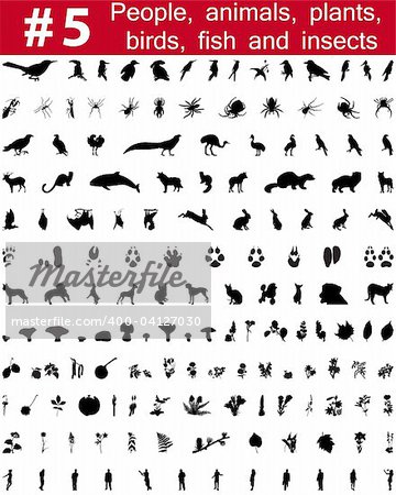 Set # 5. Grande collection de collage vector silhouettes des personnes, des animaux, des oiseaux, des poissons, des fleurs et des insectes