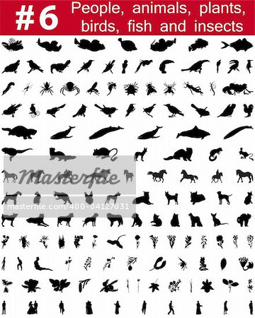 Set # 6. Grande collection de collage vector silhouettes des personnes, des animaux, des oiseaux, des poissons, des fleurs et des insectes
