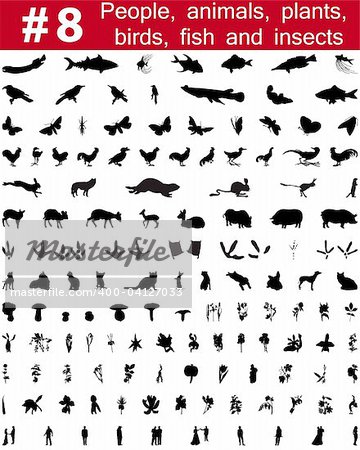 Set # 8. Große Sammlung von Collage-Vektor-Silhouetten von Menschen, Tiere, Vögel, Fische, Blumen und Insekten