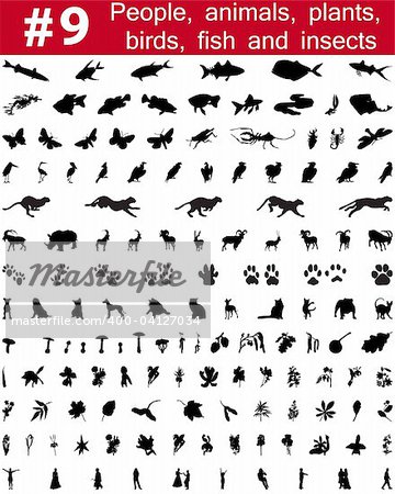 Set # 9. Big collection of collage vector silhouettes of people, animals, birds, fish, flowers and insects