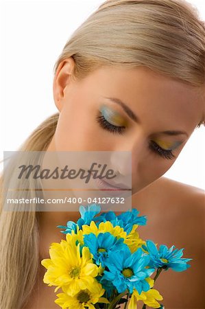 cute girl with colored flowers and closed eyes with yellow and blue make up