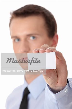 Businessman holding blank card isolated