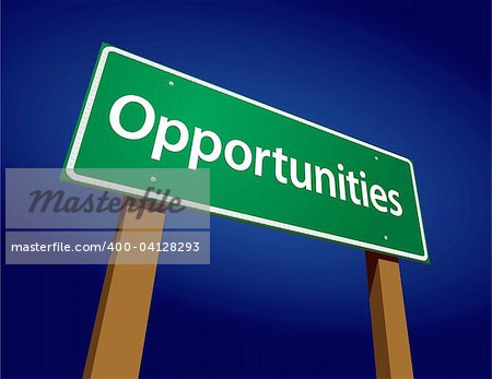 Opportunities Green Road Sign Illustration on a Radiant Blue Background.