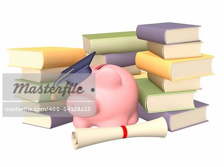Piggy bank with cap and books. Objects over white