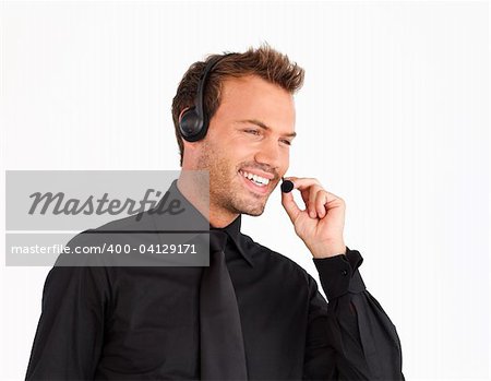 Souriant homme customer service représentatif travaillant