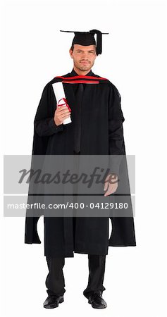 Graduate man holding a diploma in front of the camera