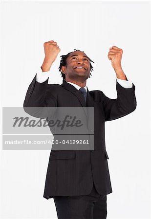 Hansome afro-american businessman with raised arms