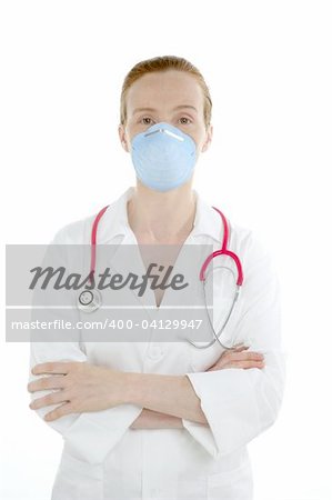 Doctor isolated on white, beautiful nurse woman with mask