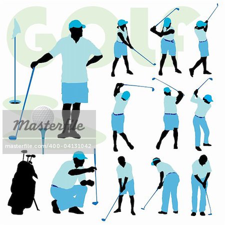 Set of golfing people silhouette on a golf course.