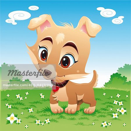 Baby dog in the meadow, funny vector and cartoon character