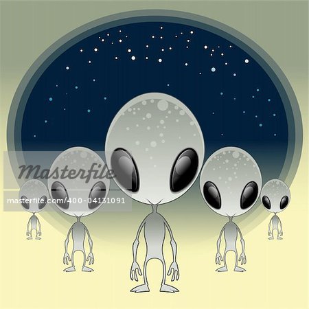 Greys - UFO - Alien. Funny cartoon and vector characters with background