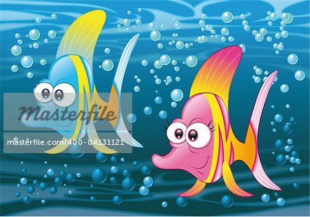 Couple of fish in the ocean. Funny vector and cartoon illustration